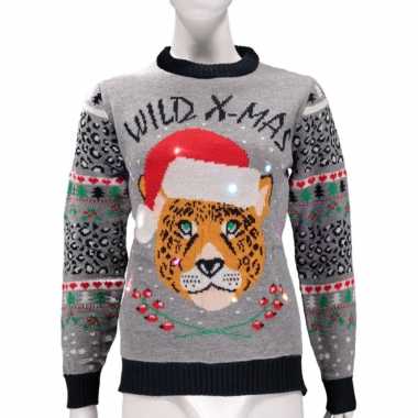 Dames foute kersttrui wild x-mas met lichtjes