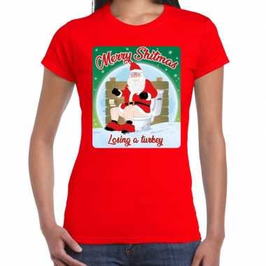 Fout kerst t-shirt merry shitmas turkey rood voor dames