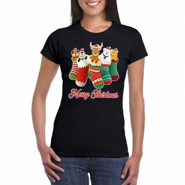 Foute kerst t-shirt kerstsokken merry christmas zwart voor dames