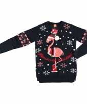 Donkerblauwe dames kersttrui met flamingo