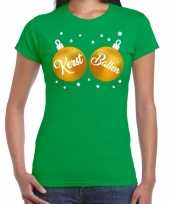 Fout kerst t shirt groen met gouden kerst ballen voor dames