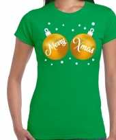 Fout kerst t shirt groen met gouden merry xmas ballen voor dames